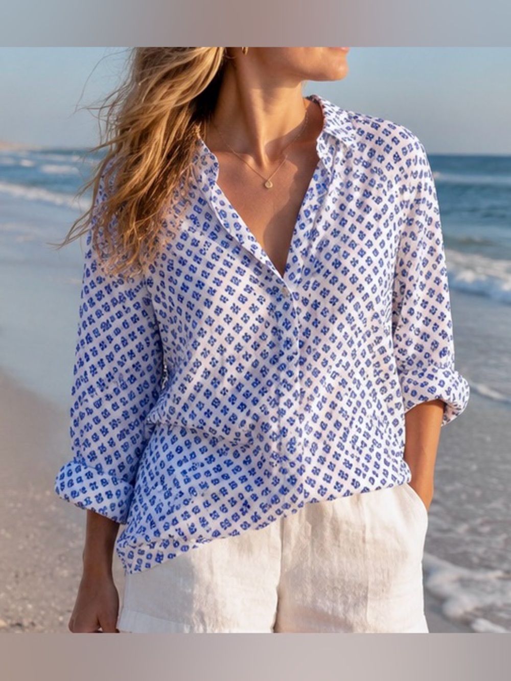 Eden & Olivia 100% Cotton Printed Popover Blouse | Size L | Blue & White